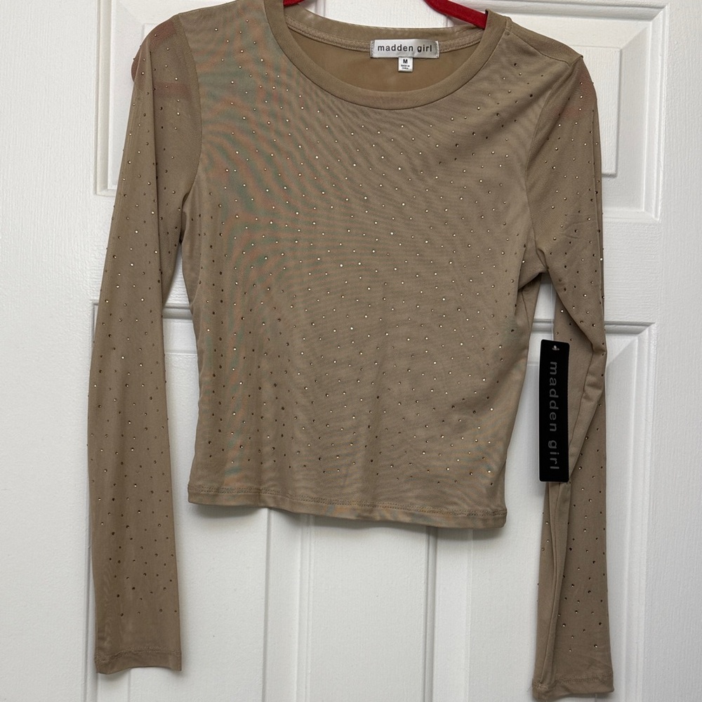 Madden Girl Beige Long Sleeve Tee with Shimmer